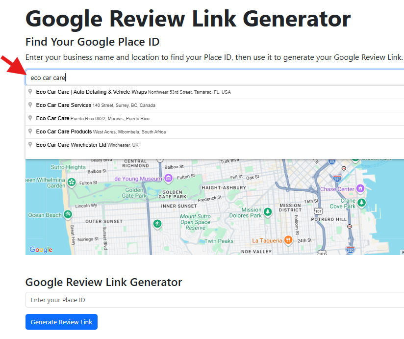 Search business name inside Google Review Link Generator